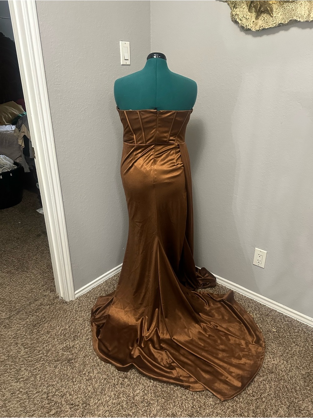 Portia and Scarlett Copper Satin Prom Dress with Sweetheart Neckline - Picture 3 of 4